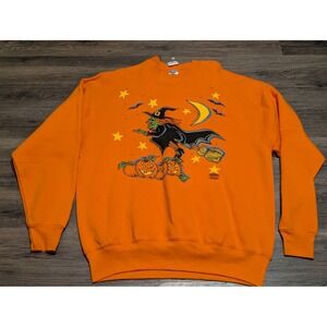 Vintage Fruit of the Loom Halloween Witch Pumpkin Orange Sweatshirt XL